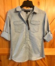 Harve Benard Women’s Sz Medium Blue Button Down Shirt Roll Tab Sleeves Nwt