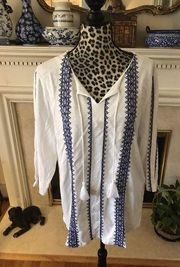 ~White Blue~Embroidered~Tassel Tie~Peasant BOHO ~Tunic Size~3=XL JB