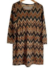 Brown Gray Black Zig Zag Print soft Knit stretch DRESS Boho Retro 1X