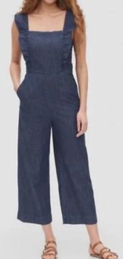 Blue Apron Denim Wide Leg Ruffle Jumpsuit Pockets