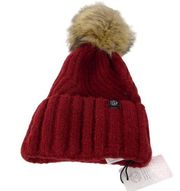 TREASURE & BOND Ribbed Knit Faux Fur Pom Beanie Hat in Red Syrah NWT