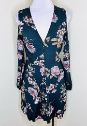 Honey Belle Dress SMALL Cold Shoulder Button Front Floral Vneck Gray Long Sleeve