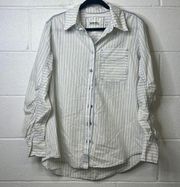 Free People Oversized Button Down Shirt Size XS Cream/Blue ruched sleeve striped