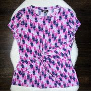 DKNY Pink Abstract Front Twist Knot Short Sleeve Blouse