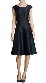 Lafayette 148 New York Full-Skirt Jacquard Panel Sleeveless Fit Flare Dress Navy