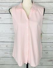 Charter Club SZ 8 Top Striped Sleeveless Button Front Pink White Stretch Collar