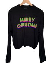 Design Merry Christmas Long Sleeve Sweater Crew Neck Acrylic Black Neon EUC