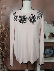 Elle Size XL Extra Large Light Pink Sweater Beaded Preppy Chic Floral Rose Paste