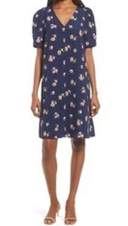 Chelsea28 Floral Puff Sleeve V-Neck Navy Shift Dress Size Large