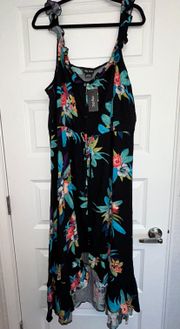 New,  Tropical Floral Print Ruffle Loop Button Front Hi-Low Maxi Dress