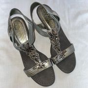 New York Transit Wedge Sandals Women’s Size 9.5 Medium Gray Leather Faux Jewel