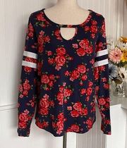 Long Sleeve Floral Print Keyhole Accent Neckline