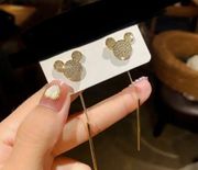 18K Gold Mickey Mouse Pave Diamond Threader Bar Earrings 