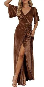 NEW MEROKEETY V Neck Wrap Velvet Maxi Dress Bridesmaid L