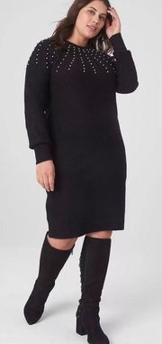 NWT LANE BRYANT Long Sleeve Embellished Crew Neck Sweater Dress Black 14/16