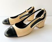 JEFFREY CAMPBELL Womens Sz 6 Tulloch Beige/Nude Black Patent Cap Toe Block Heels