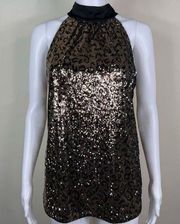 Elie Tahari Sequined Leopard Pattern High Neck Sleeveless Blouse