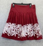 BCBG Maxazria Women's A Line Skirt Red Floral Pleated Size 4 Lined Cotton Blend