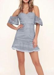 Bardot Lucille Lace Dress Off Shoulder Mini Dress in Dusty Blue Size 8 Medium