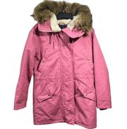 J. Crew Primaloft Pink Parka Coat Full Zip Snap Buttons Faux Fur Hood Size 