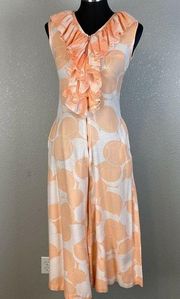 Vintage 60s Evelyn Pearson Ruffle Front Lounge Jumpsuit S Small Peach Wide Leg