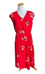 Womens City Streets Red Floral Faux Wrap A-Line Dress - Sz L