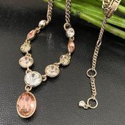 Signed GIVENCHY Gold -Tone  Rivoli Peach Clear Rhinestone Crystal  Y Necklace