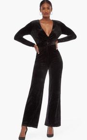 Just Fab Black Velvet Belted Jumpsuit Long Sleeves Pants XL