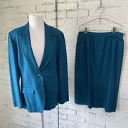 Pendleton Skirt Suit SET size 12 WOOL Teal Blue pencil Skirt Blazer EUC Vintage