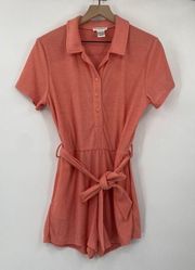 Lovers + Friends Terry Cloth Romper Collared Belted Tie Waist Coral Orange M