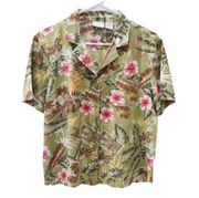 Erika Women's Green Hawaiian Jungle Print Short Sleeve Button Up Top Shirt PM