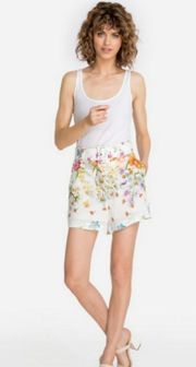 Bloom Floral High Waist White Linen Shorts