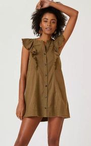 Anthropologie Pilcro Flutter-Sleeve Button Down Tunic Mini Dress Military XS