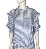 Mustard Seed Women's Blue/White Striped Short Ruffle Sleeve Hi-Low Hem Top sz S