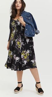 Black Floral Challis Button Front Midi Dress