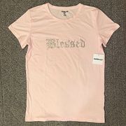 Charlotte Russe Baby Pink and Sliver Blessed Rhinestone Short Sleeve T-Shirt
