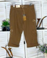 NWT Natural Reflection vintage style cargo brown embroidered capri pants Sz 8