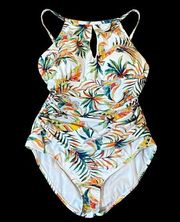 Ellen Tracy Tropic Palm Halter Ruched One Piece Swimsuit Size 14