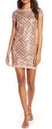 NWOT Eliza J Lattice Pattern Sequin Sheath Dress Rose Gold Taupe Women’s Size 6