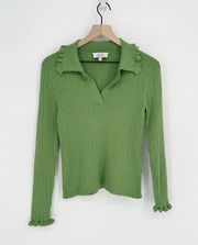 & OTHER STORIES Ribbed Knit Long Sleeve Collar Top Lettuce Hem Shirt Green M