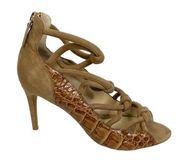 Alexandre Birman Lana Camel Tan Crocodile and Suede Strappy Heels