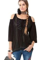 new Hale Bob ༄ Shaina Silk Crochet Cold Shoulder Top ༄ Black Size XS