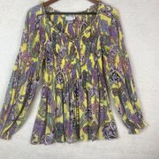 Vintage Allison Taylor Accordion Blouse Multicolor Retro Print Sz Large Festival