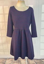 Anthropologie Maeve  3/4 sleeve red n blue ribbed knit fit n flare dress with poc