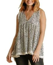 UMGEE Black/Cream Animal Print with Fringe V-Neck and Back Babydoll Tank Top szM