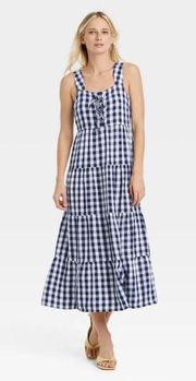 Navy Gingham Linen Tiered Maxi Dress