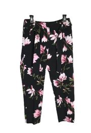 Black w Pink, Green, White Floral Print Pants w Tie Belt Women M