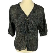 Paisley Ruffle Lace Up Boho 1/2 Sleeve Popover Blouse Small