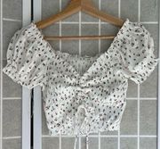 Garage cinched cropped top on off shoulder ditsy floral pattern white pink Med