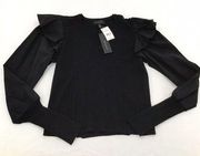 H Halston Women's Ruffle Shoulder Sweater Long Sleeve V-Neck Size Small Black